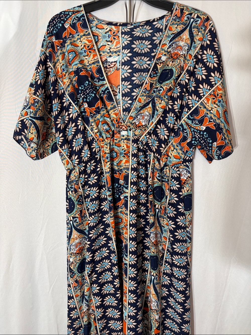Printed Multicolor Boho Maxi Dress with V-Neckline and Empire Waist